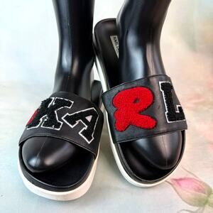 Karl Lagerfeld Paris Leather Embroidered Felt Black & Red Slides Sandals